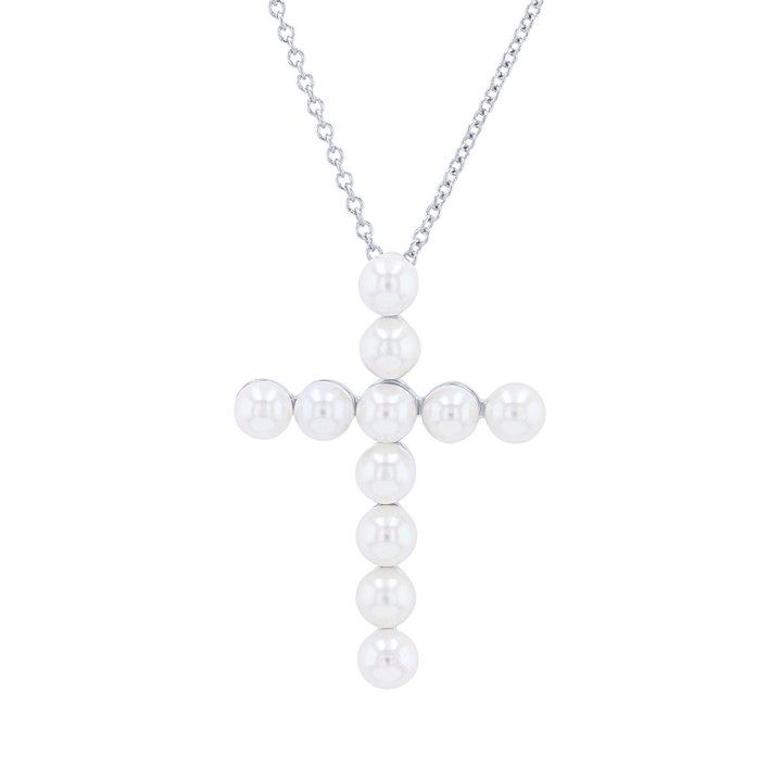 Freshwater Pearl Cross Pendant Necklace In Solid 18K White Gold