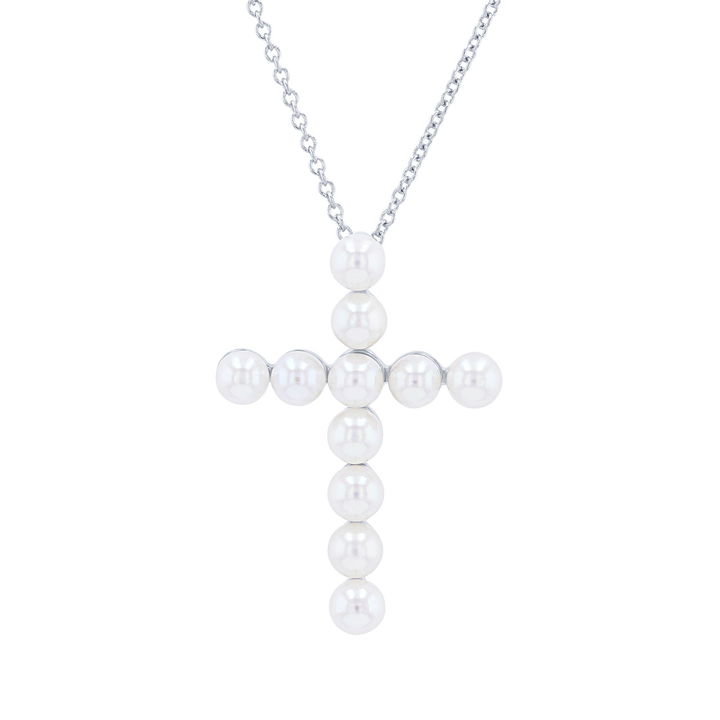 Freshwater Pearl Cross Pendant Necklace In White Gold 18K