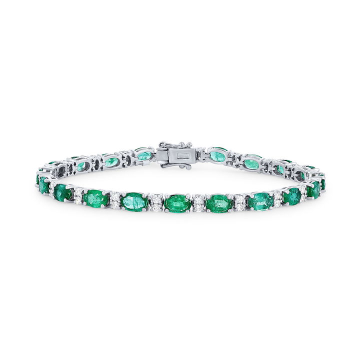 Alternating Green Emerald & Diamond Bracelet In White Gold 14K