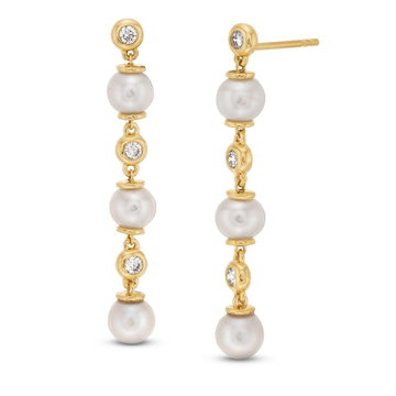 Alternating Bezel Diamond and Fresh Water Pearl Drop Earrings In Yellow Gold 14K