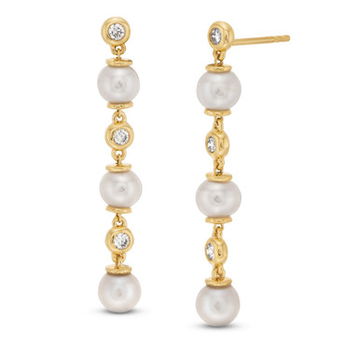 Alternating Bezel Diamond and Fresh Water Pearl Drop Earrings