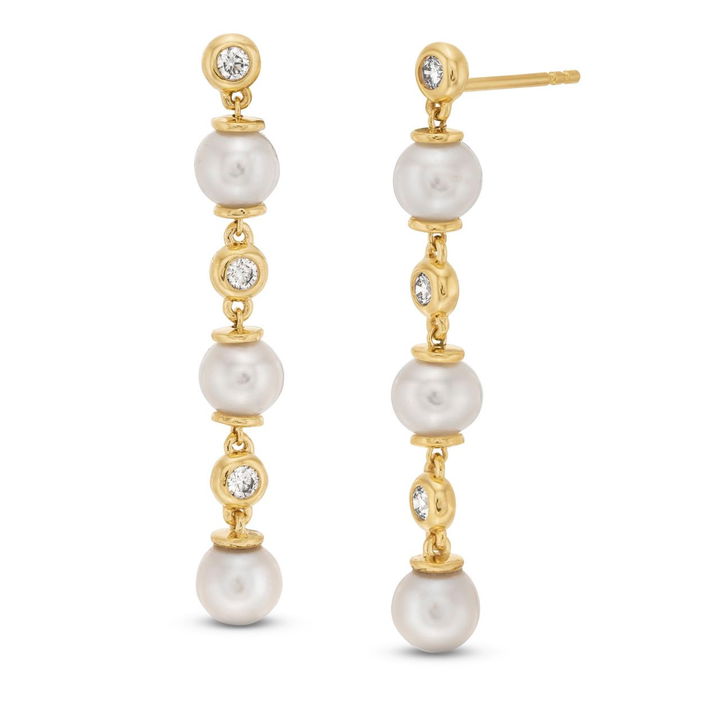 Yellow Gold 14K Alternating Bezel Diamond and Fresh Water Pearl Drop Earrings
