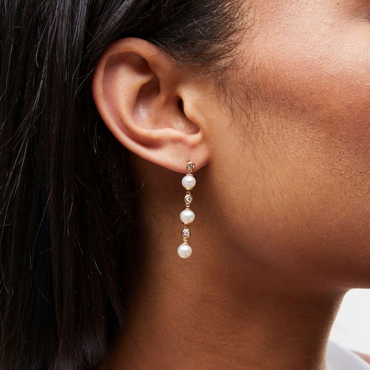 Yellow Gold 14K Alternating Bezel Diamond and Fresh Water Pearl Drop Earrings