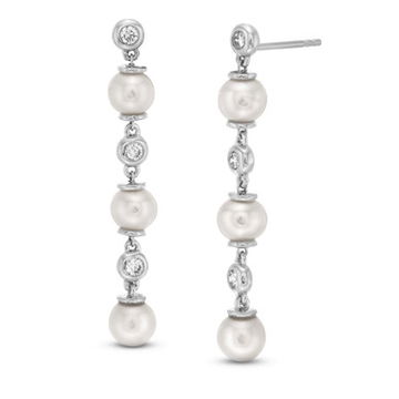 Alternating Bezel Diamond and Fresh Water Pearl Drop Earrings