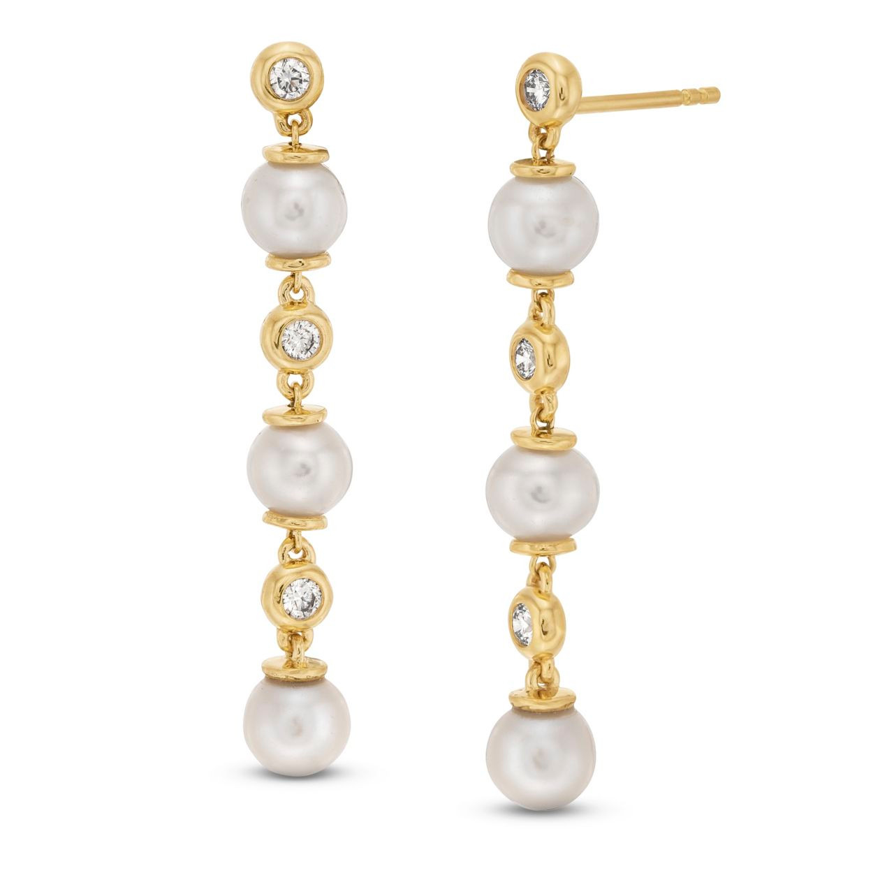 Alternating Bezel Diamond and Fresh Water Pearl Drop Earrings