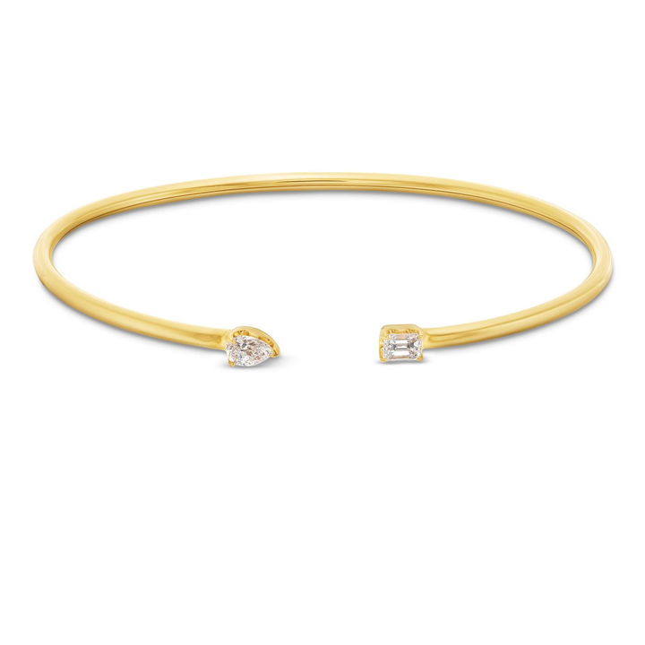 Emerald and Pear Cut Diamond Open Bangle Bracelet