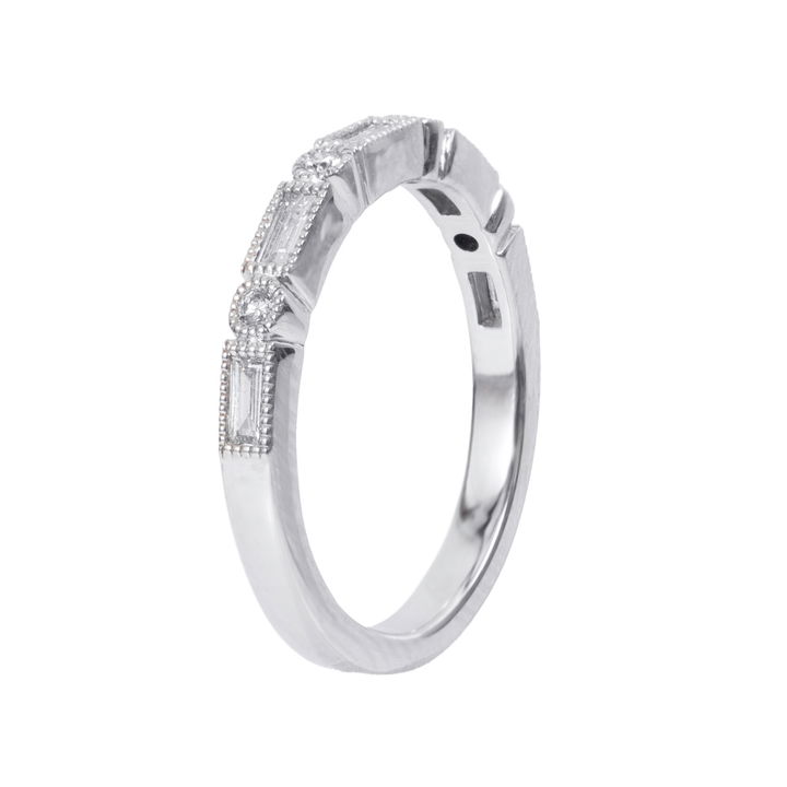 Alternating Baguette & Round Diamond Milgrain Wedding Band