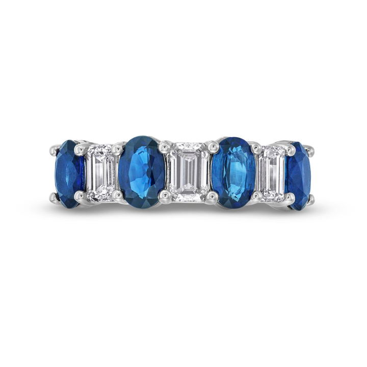 White Gold 18K Emerald Diamond and Blue Sapphire Wedding Band