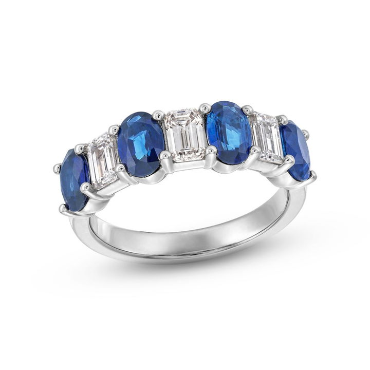 White Gold 18K Emerald Diamond and Blue Sapphire Wedding Band