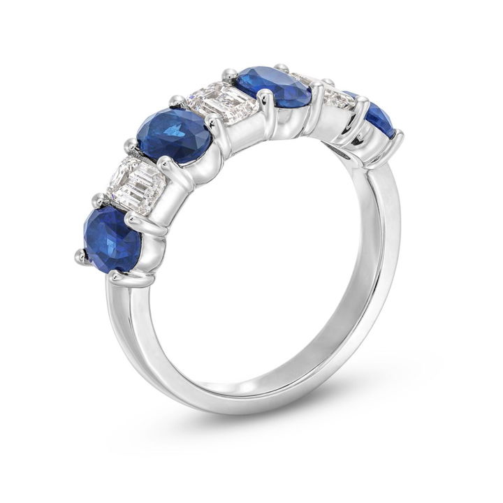 White Gold 18K Emerald Diamond and Blue Sapphire Wedding Band