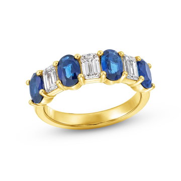 Emerald Diamond and Blue Sapphire Wedding Band In Yellow Gold 18K