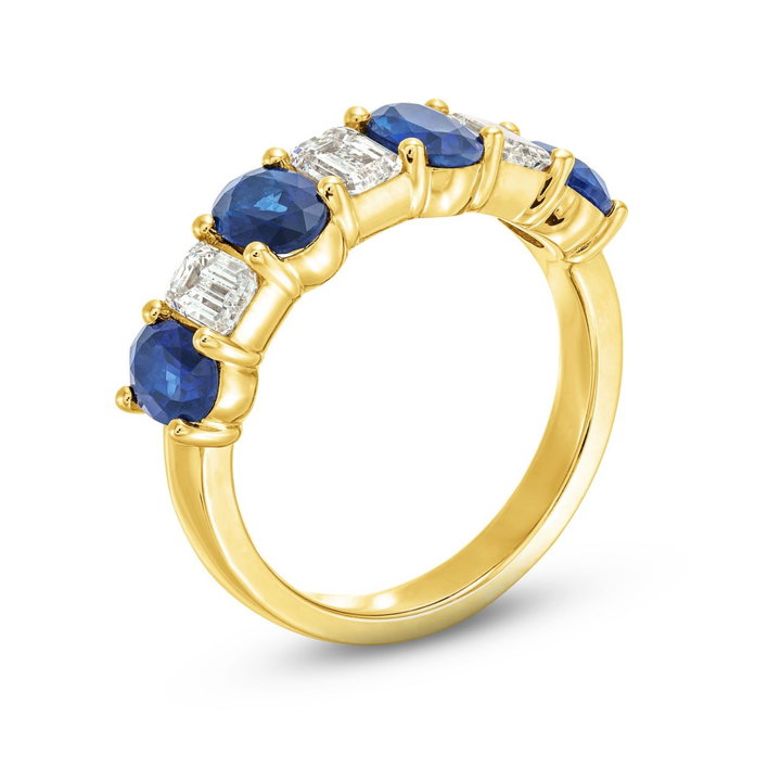 Emerald Diamond and Blue Sapphire Wedding Band In Yellow Gold 18K