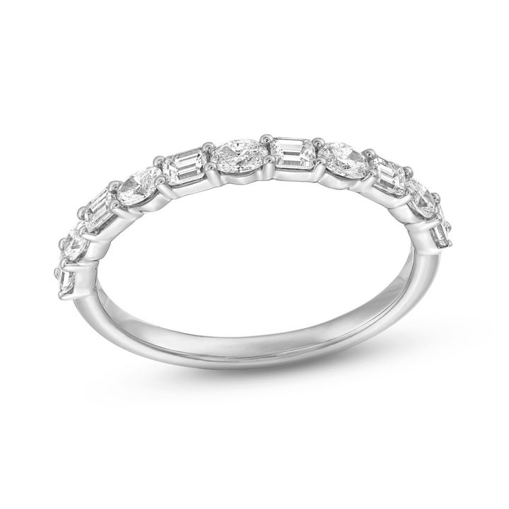 White Gold 14K Oval and Emerald Diamond Wedding Band