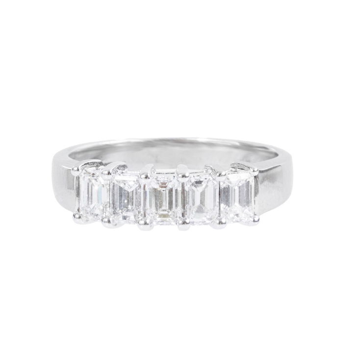 Five Vertical Emerald Diamond Wedding Band In White Gold 14K
