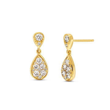 Pave Double Drop Diamond Earrings In Solid 14K Yellow Gold
