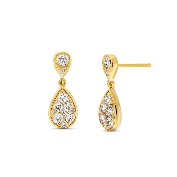 Pave Double Drop Diamond Earrings In Solid 14K Yellow Gold