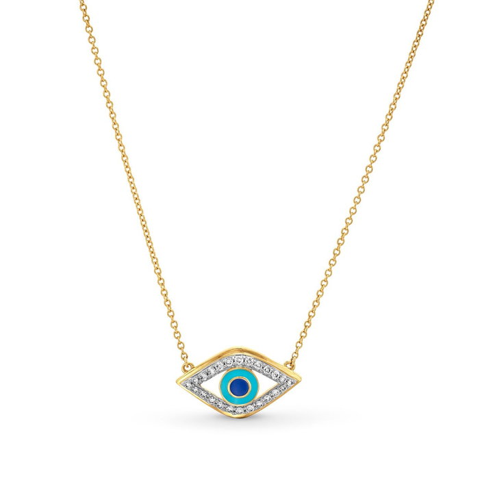 Diamond Evil Eye Pendant Necklace In Solid 14K Yellow Gold