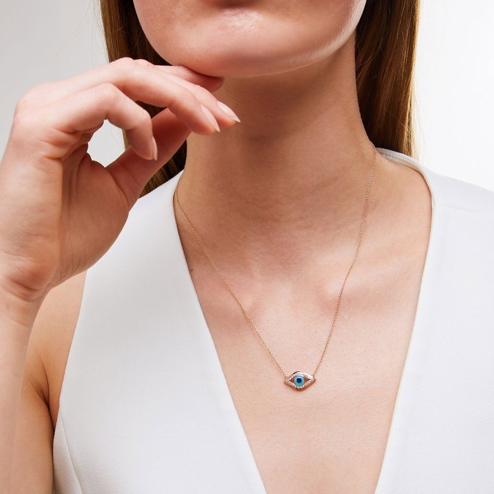 Diamond Evil Eye Pendant Necklace In Solid 14K Yellow Gold