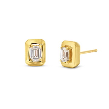 Emerald Gold Frame Solitaire Stud Earrings In Yellow Gold 18K