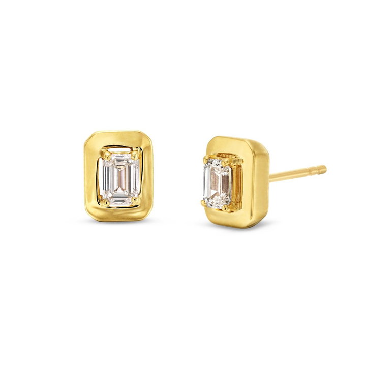 Emerald Gold Frame Solitaire Stud Earrings In Yellow Gold 18K
