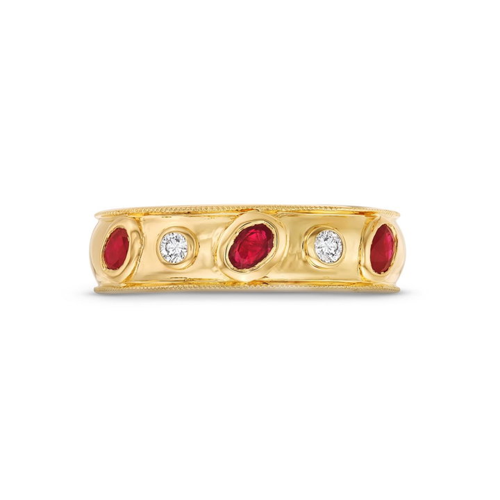 Alternating Ruby and Diamond Bezel Gold Ring In Solid 14K Yellow Gold