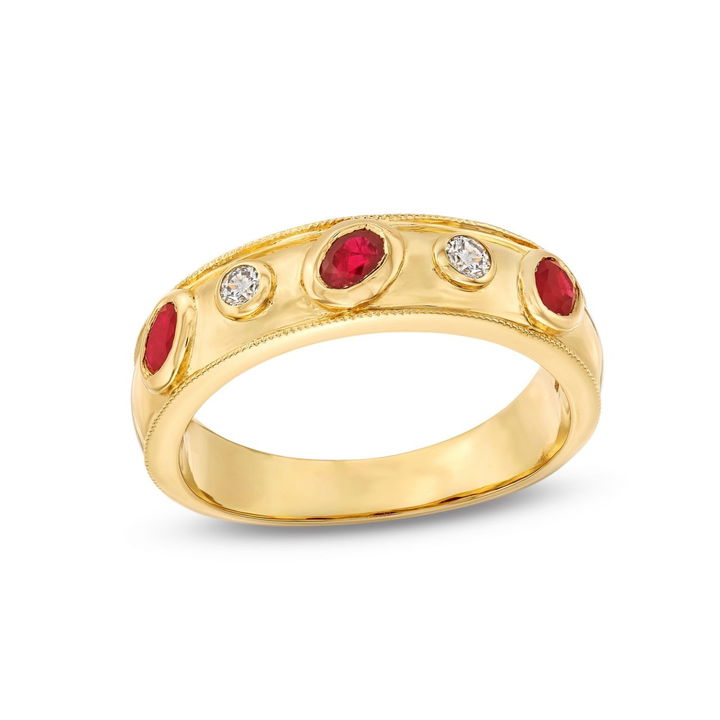 Alternating Ruby and Diamond Bezel Gold Ring