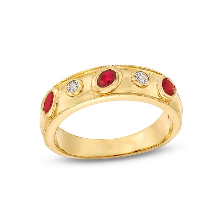 Alternating Ruby and Diamond Bezel Gold Ring In Solid 14K Yellow Gold