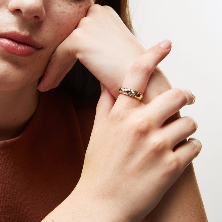Alternating Ruby and Diamond Bezel Gold Ring In Solid 14K Yellow Gold