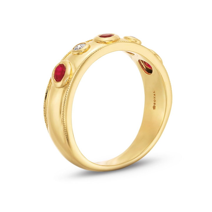 Alternating Ruby and Diamond Bezel Gold Ring In Solid 14K Yellow Gold