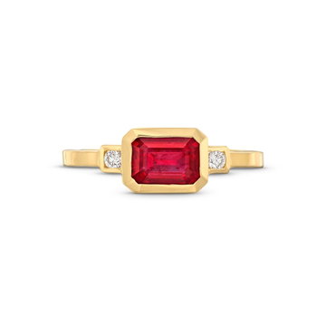 Emerald Cut Ruby and Diamond Ring In Solid 14K Yellow Gold