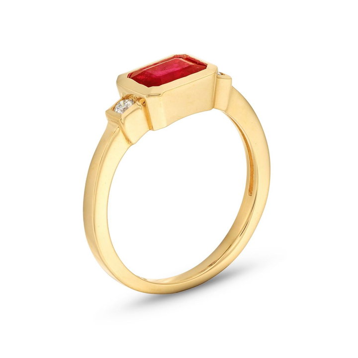 Emerald Cut Ruby and Diamond Ring In Yellow Gold 14K