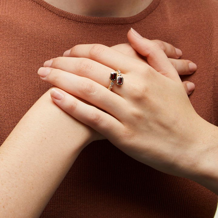 Red Garnet and Diamond Crossover Ring