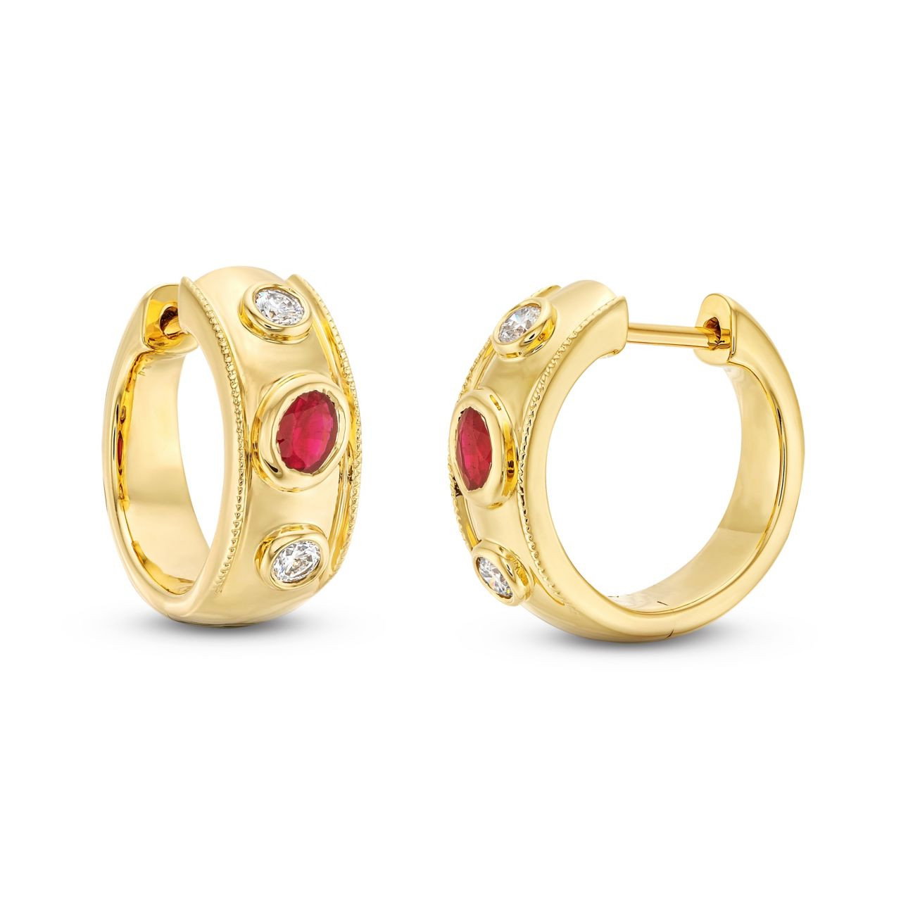 Alternating Ruby and Diamond Bezel Gold Huggie Earrings 0