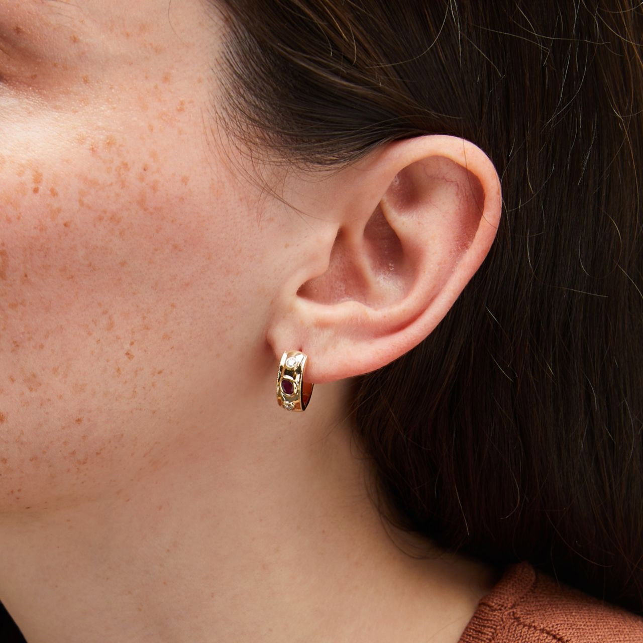 Alternating Ruby and Diamond Bezel Gold Huggie Earrings 1