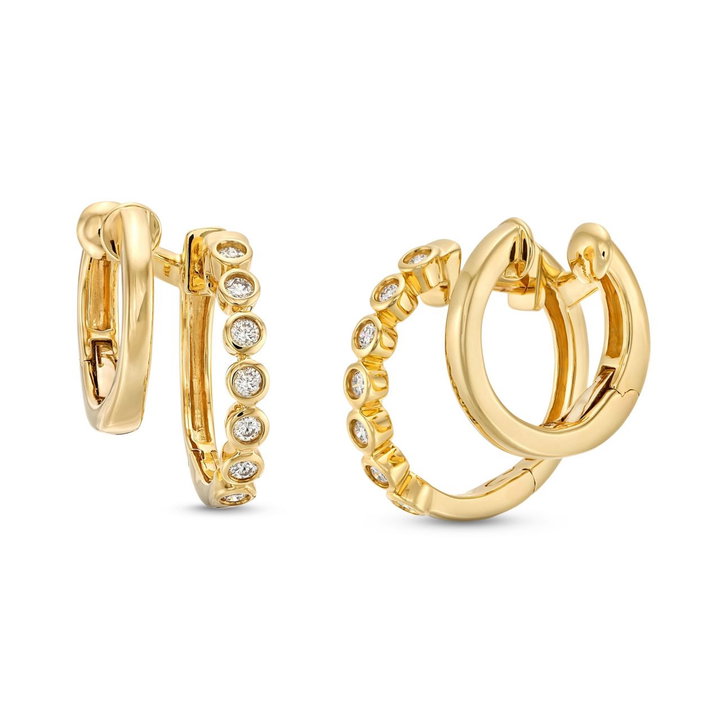 Double Hoop Diamond Bezel Huggie Earrings In Yellow Gold 14K