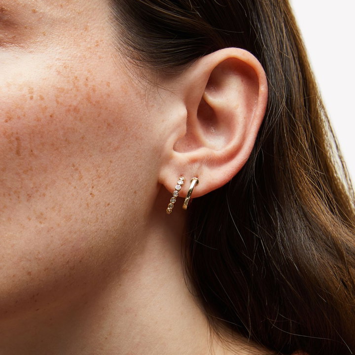 Double Hoop Diamond Bezel Huggie Earrings In Yellow Gold 14K
