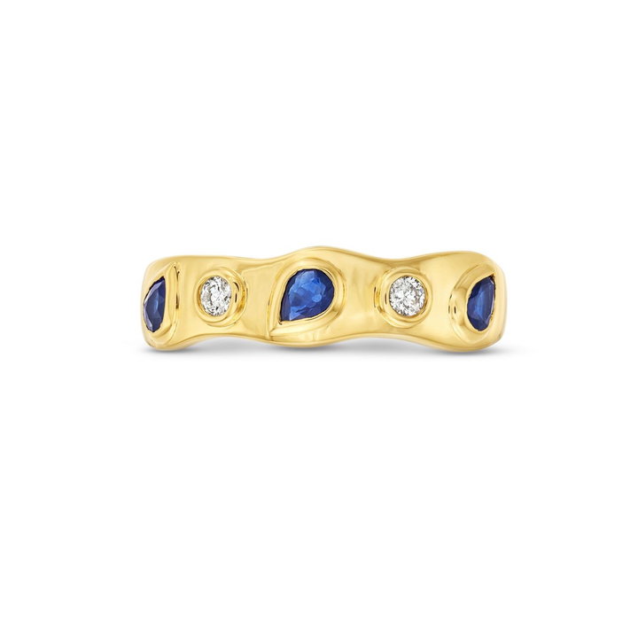 Blue Sapphire and Bezel Diamond Band In Yellow Gold 14K