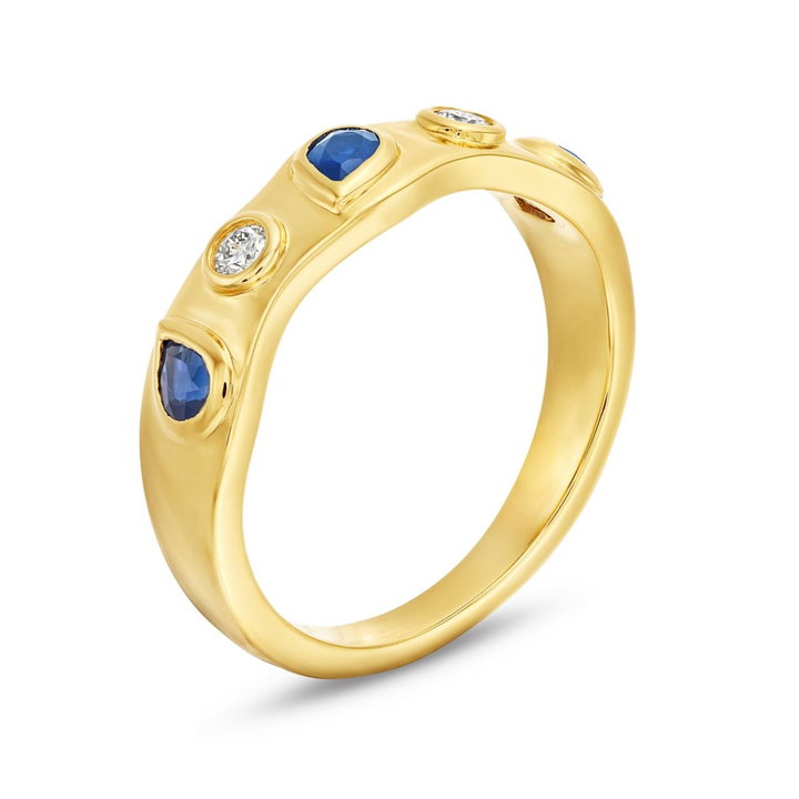 Blue Sapphire and Bezel Diamond Band In Yellow Gold 14K