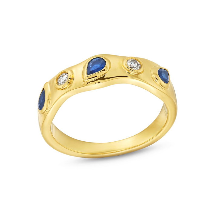 Blue Sapphire and Bezel Diamond Band In Yellow Gold 14K