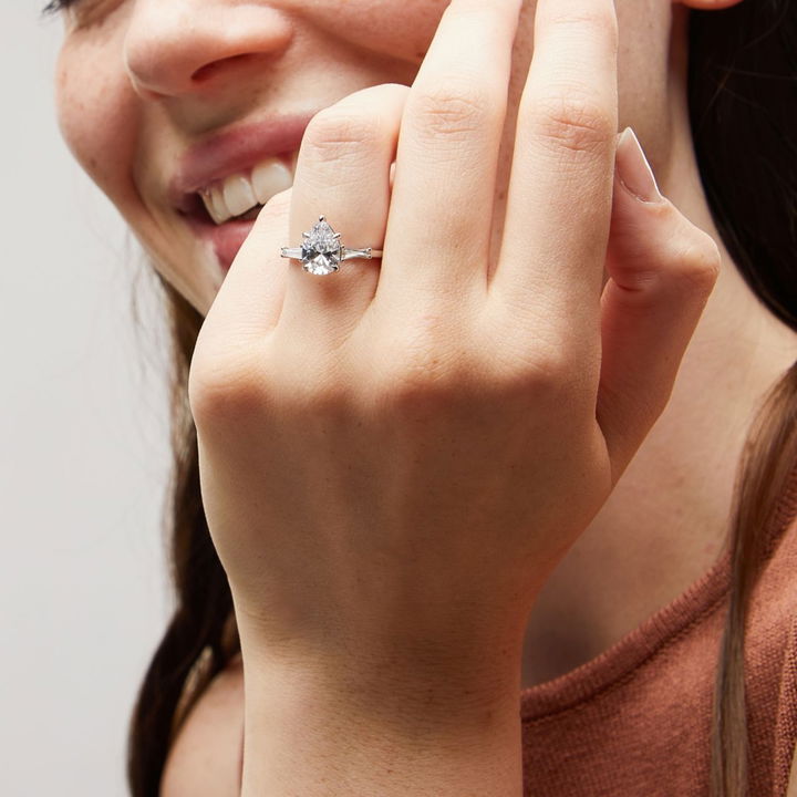 White Gold 14K Three Stone Pear Baguette Diamond Engagement Setting By Diamonds Direct Designs