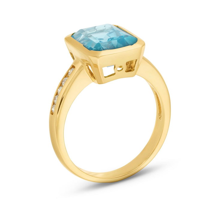 Blue Topaz Diamond Bezel Ring In Yellow Gold 14K