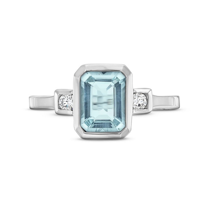 Aquamarine Diamond Bezel Ring In Solid 14K White Gold