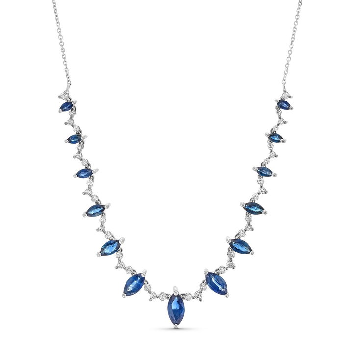 Marquise Blue Sapphire Diamond Necklace In White Gold 14K