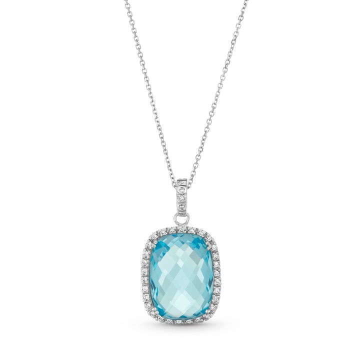Blue Topaz Diamond Halo Pendant Necklace