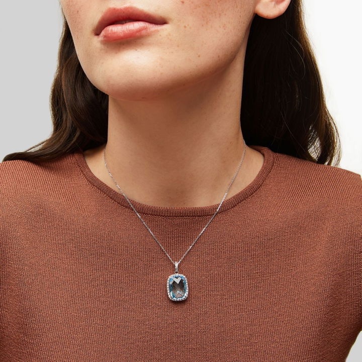 Blue Topaz Diamond Halo Pendant Necklace