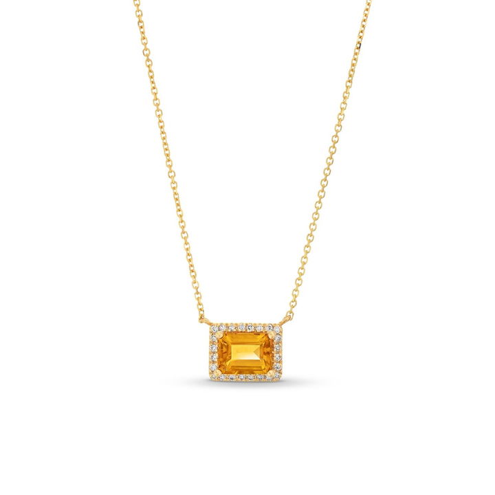 Citrine Diamond Halo Pendant Necklace In Yellow Gold 14K