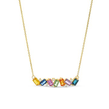 Emerald Cut Mixed Sapphire Bar Necklace In Solid 14K Yellow Gold