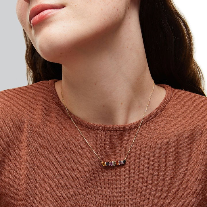 Emerald Cut Mixed Sapphire Bar Necklace In Solid 14K Yellow Gold