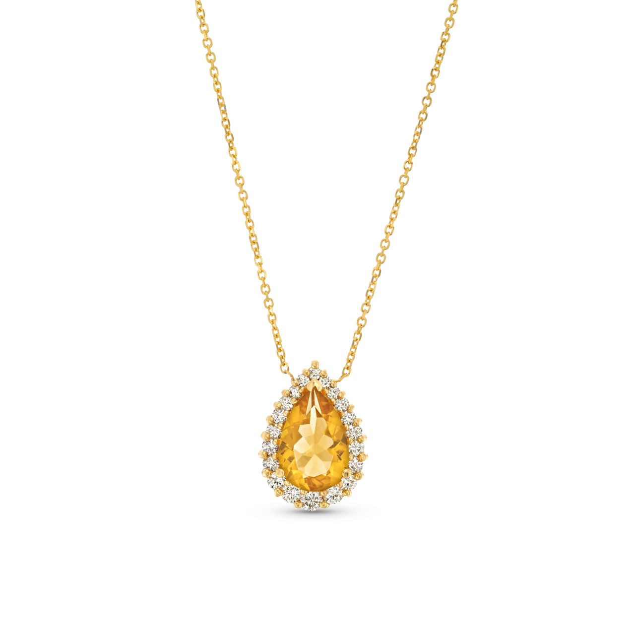 Pear Shape Citrine Diamond Halo Pendant Necklace