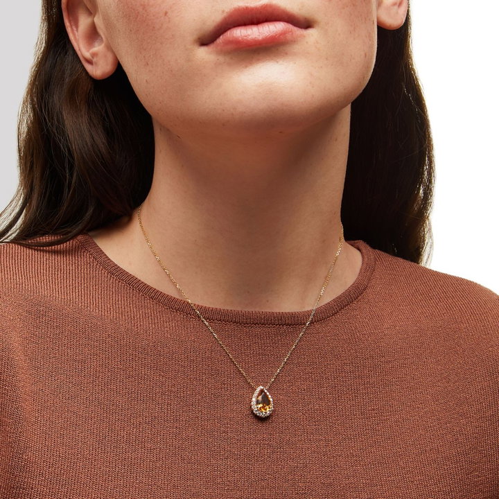 Pear Shape Citrine Diamond Halo Pendant Necklace